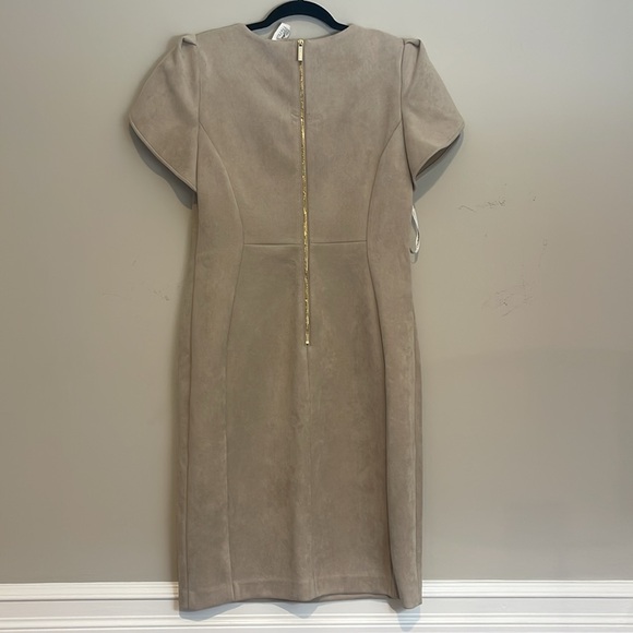 Calvin Klein Beige faux suede Midi Dress with Puff Sleeves - Picture 4 of 5